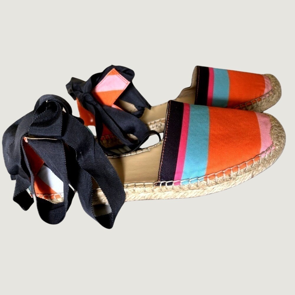 Marc Fisher Striped Espadrille Ankle-Tie Flats Womens 7 Orange Blue Colorful